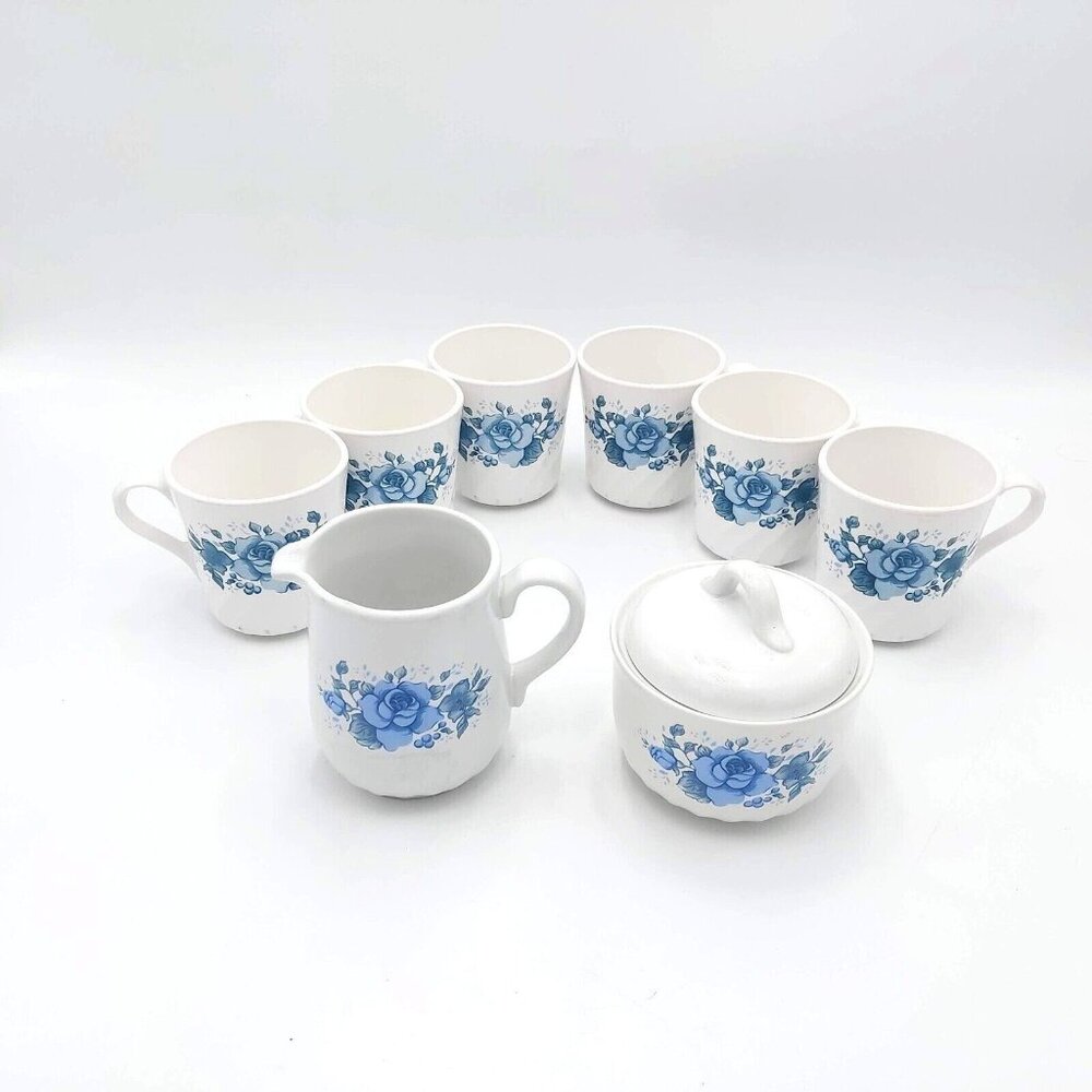 Corning Blue Velvet Mugs Set of 6 -Matching Corelle Creamer and Sugar Bowl